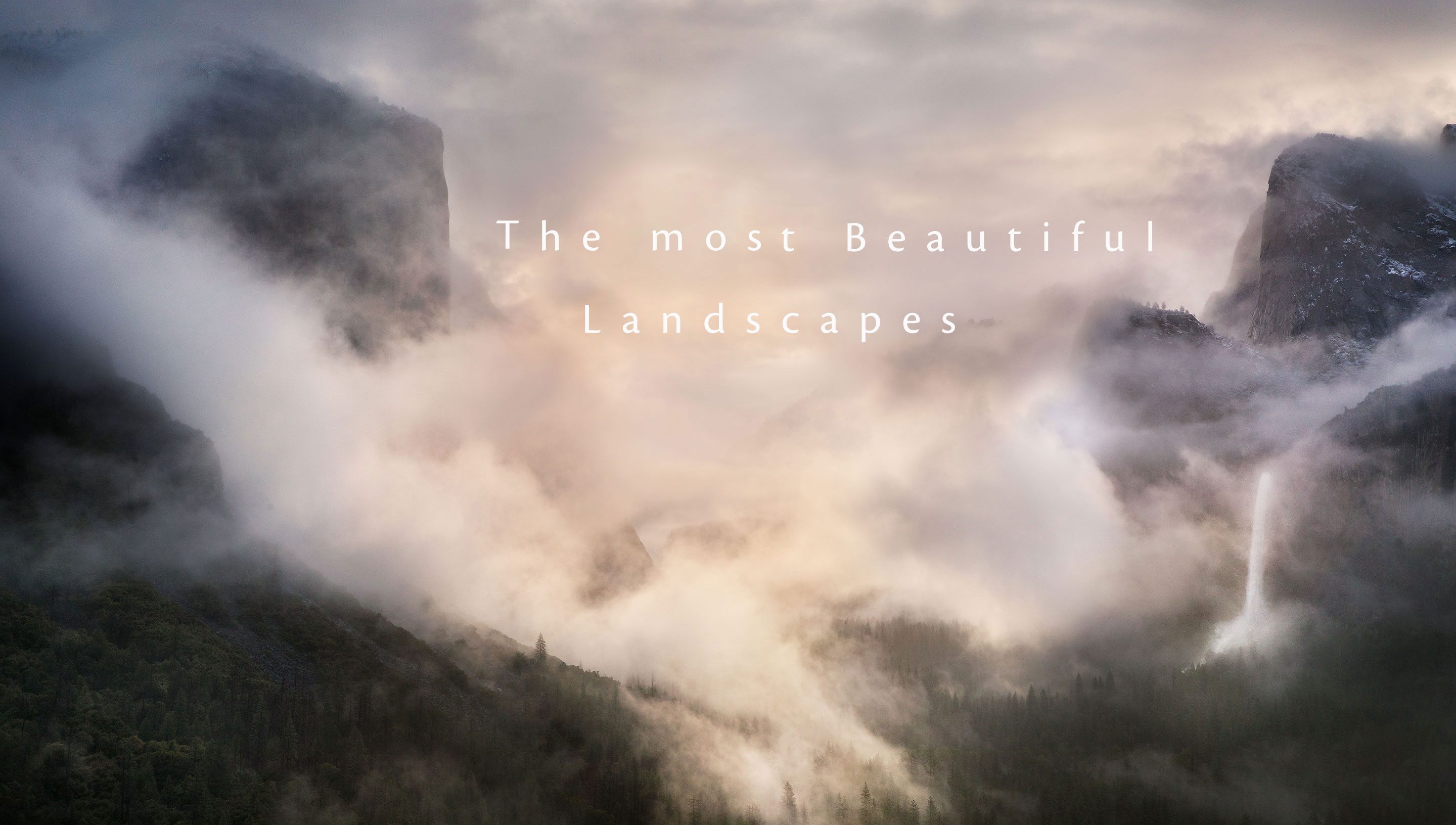 Yosemite Valley from Tunnel View is misty at sunrise with clouds & waterfalls.